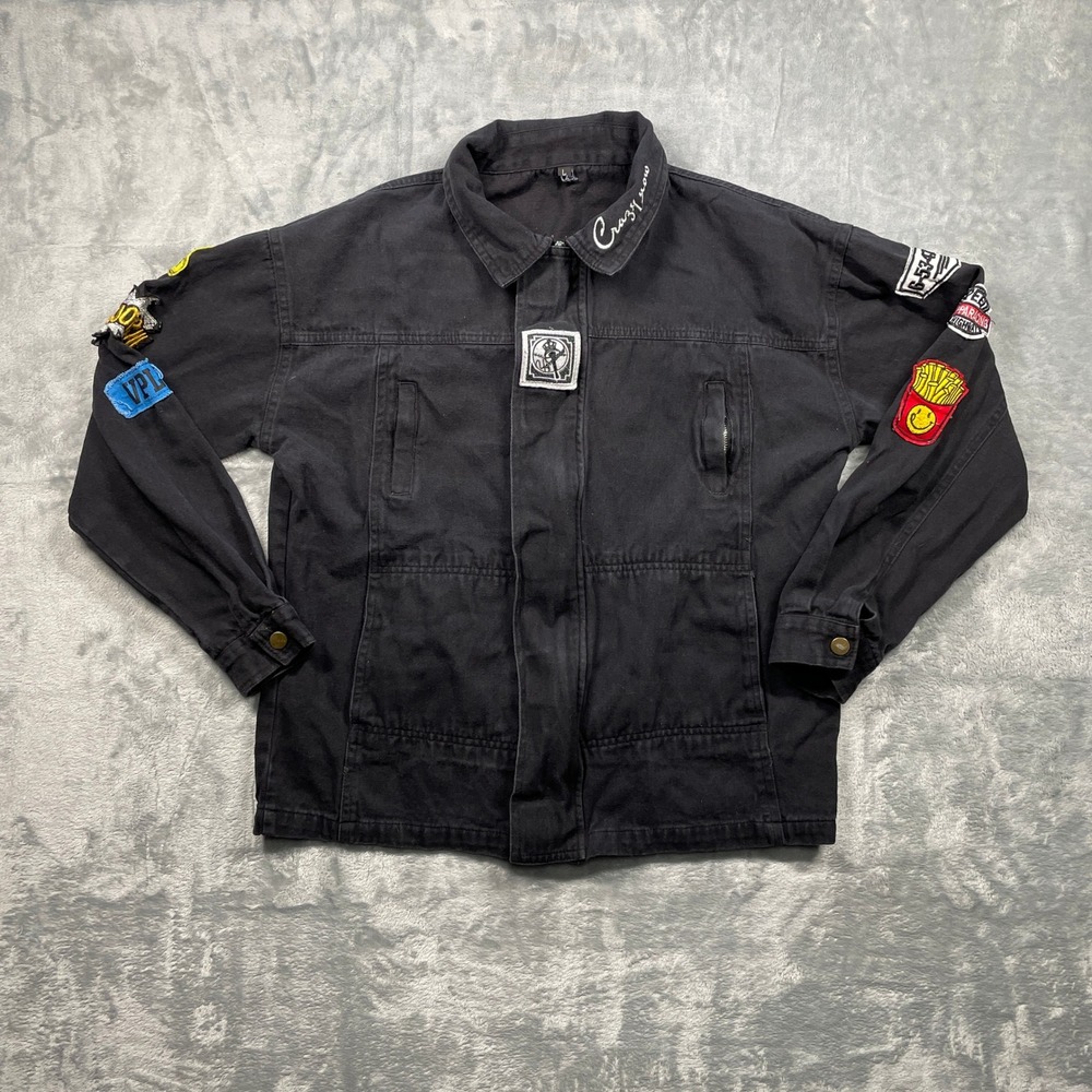 MR‎ 911 Denim Jacket Black Embroidered Patches Collar Women Pockets Size Large